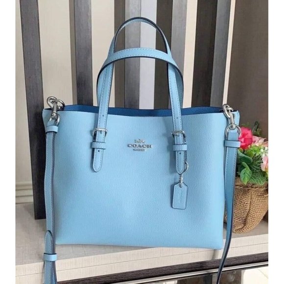 Coach Leather Mollie Tote 25 C4084 💙 Sky Blue SVSW7 NWOT $328 - Picture 4 of 8